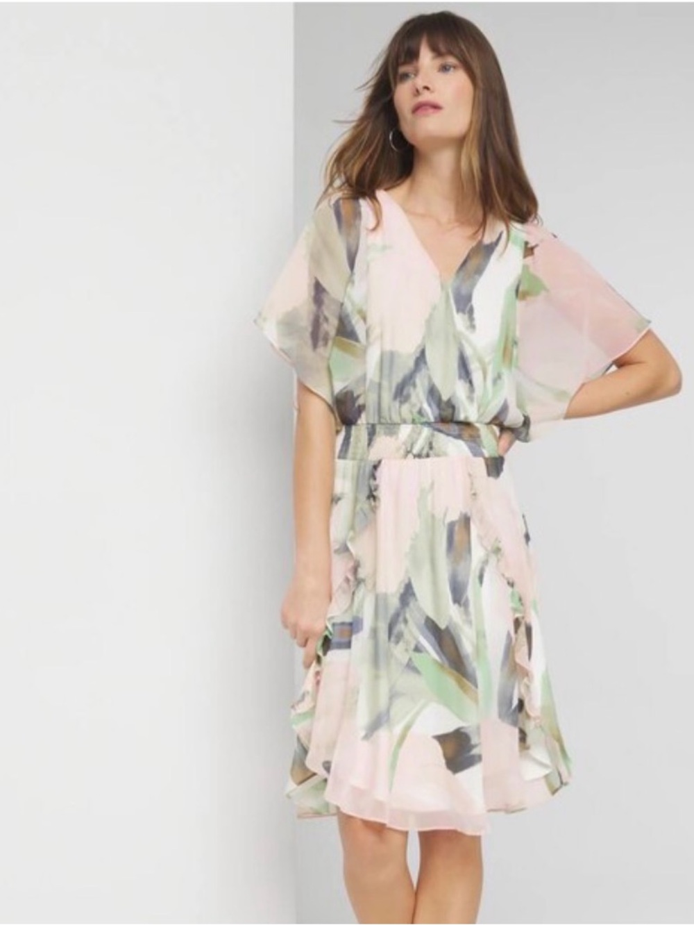 White House Black Market Women’s Pastel Floral V-Neck Chiffon Dress Size 2